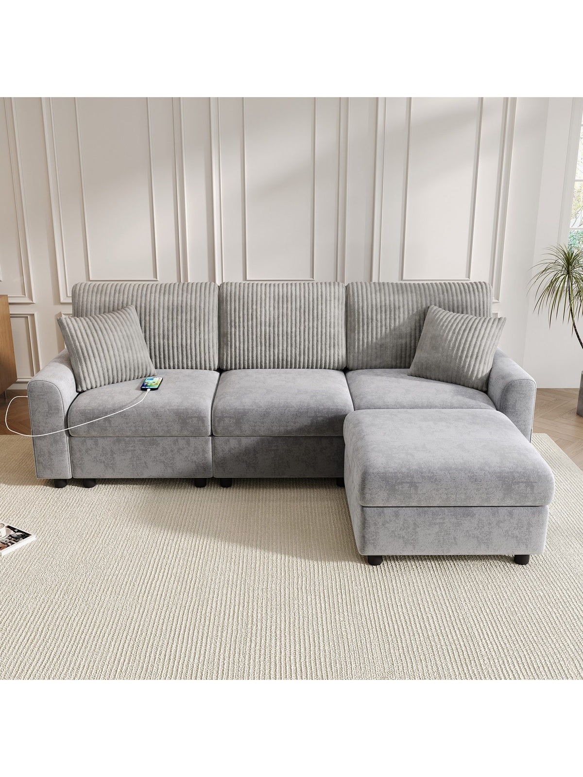 Cord Ecksofa MERAX in Grau frontal im Wohnzimmer