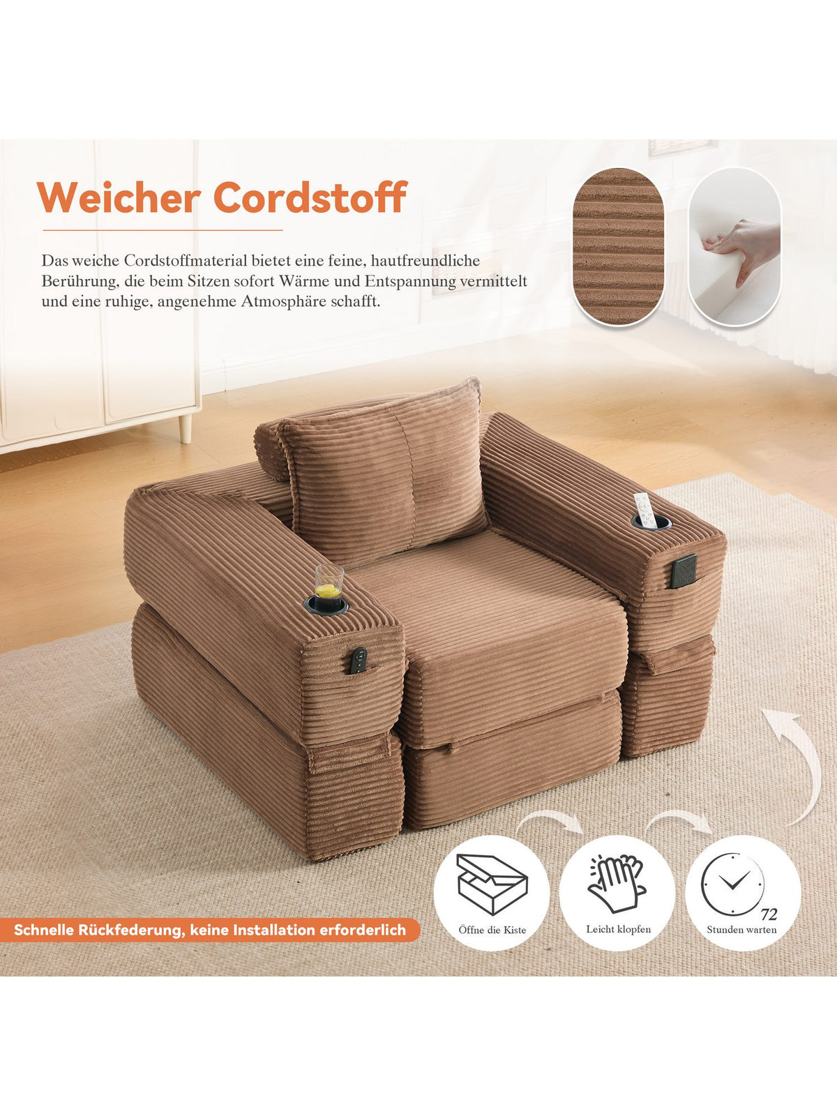 Abnehmbare Armlehne mit Reißverschluss am Cord Klappsofa