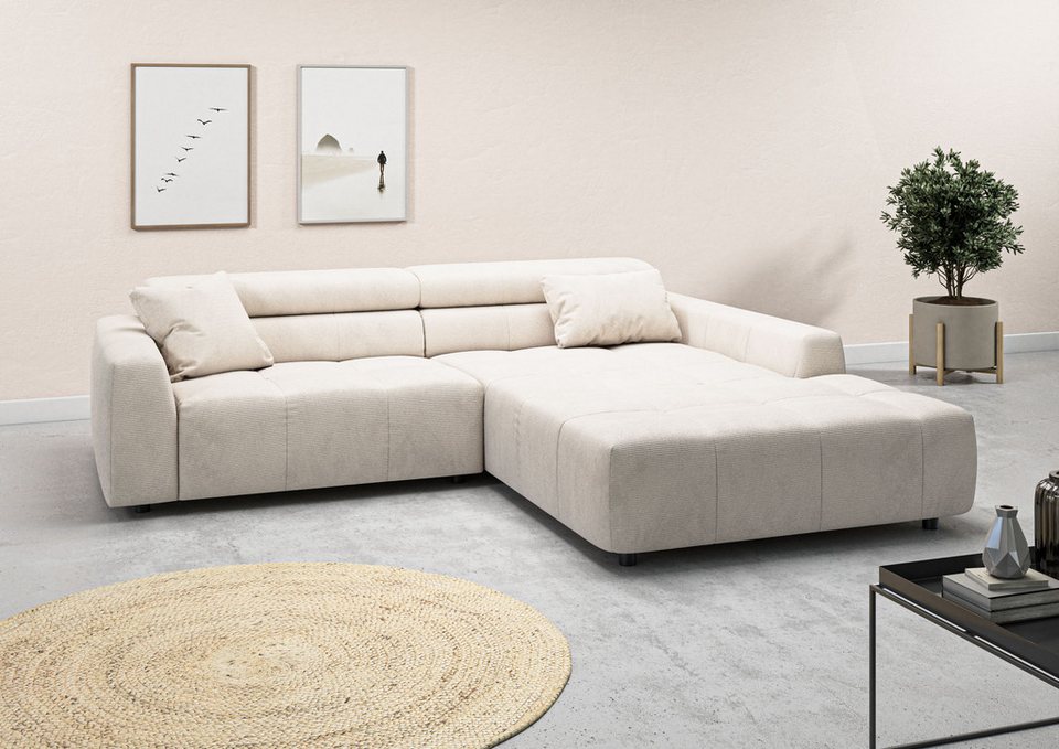 Cord Ecksofa DENVER 258 cm in Weiß mit Ottomane rechts