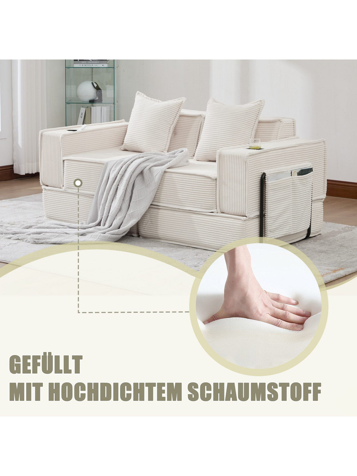Cord Schlafsofa 2-Sitzer mit Seitentaschen für Bücher