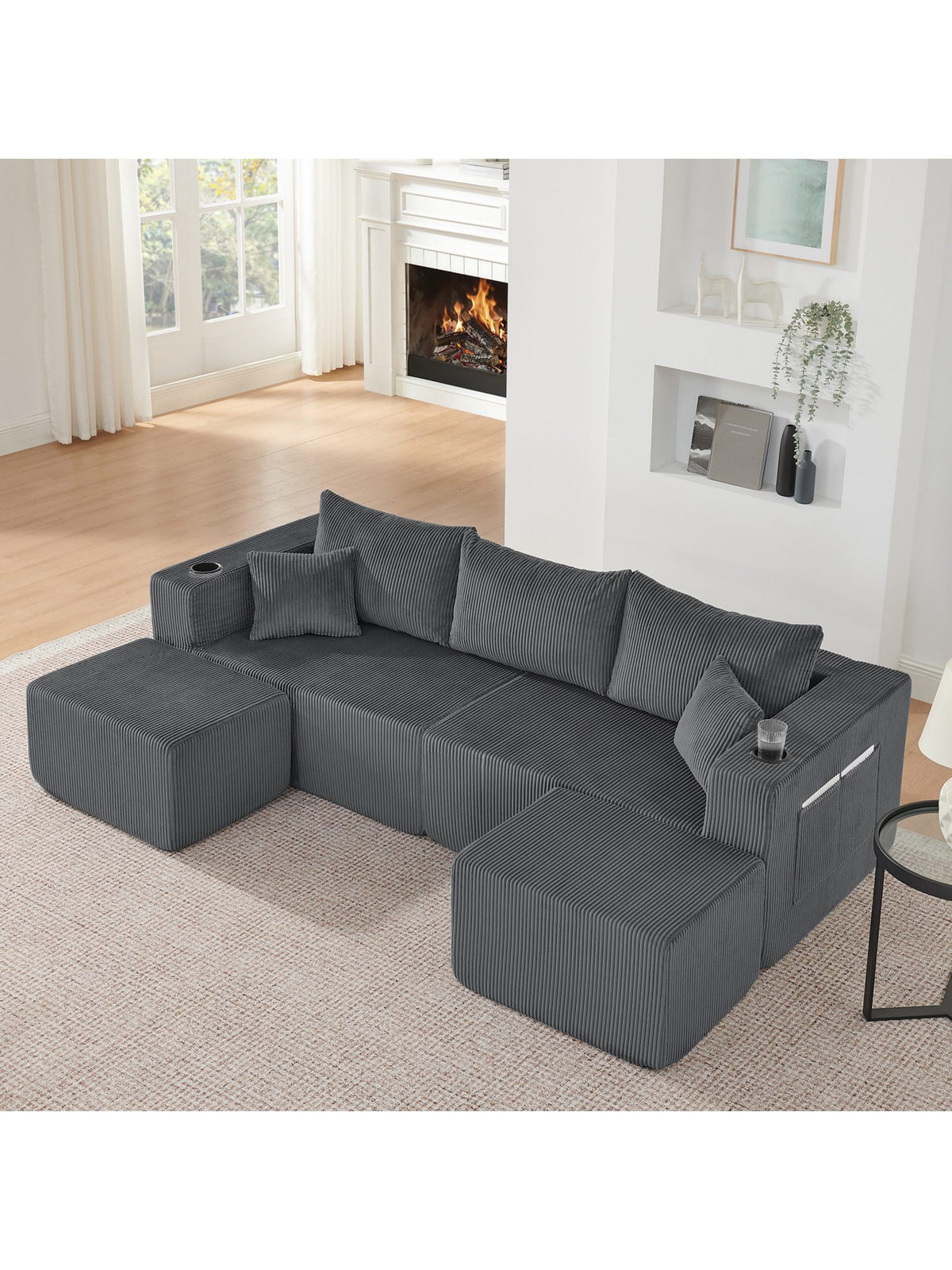 Modulares Cord Ecksofa in Grau von vorne