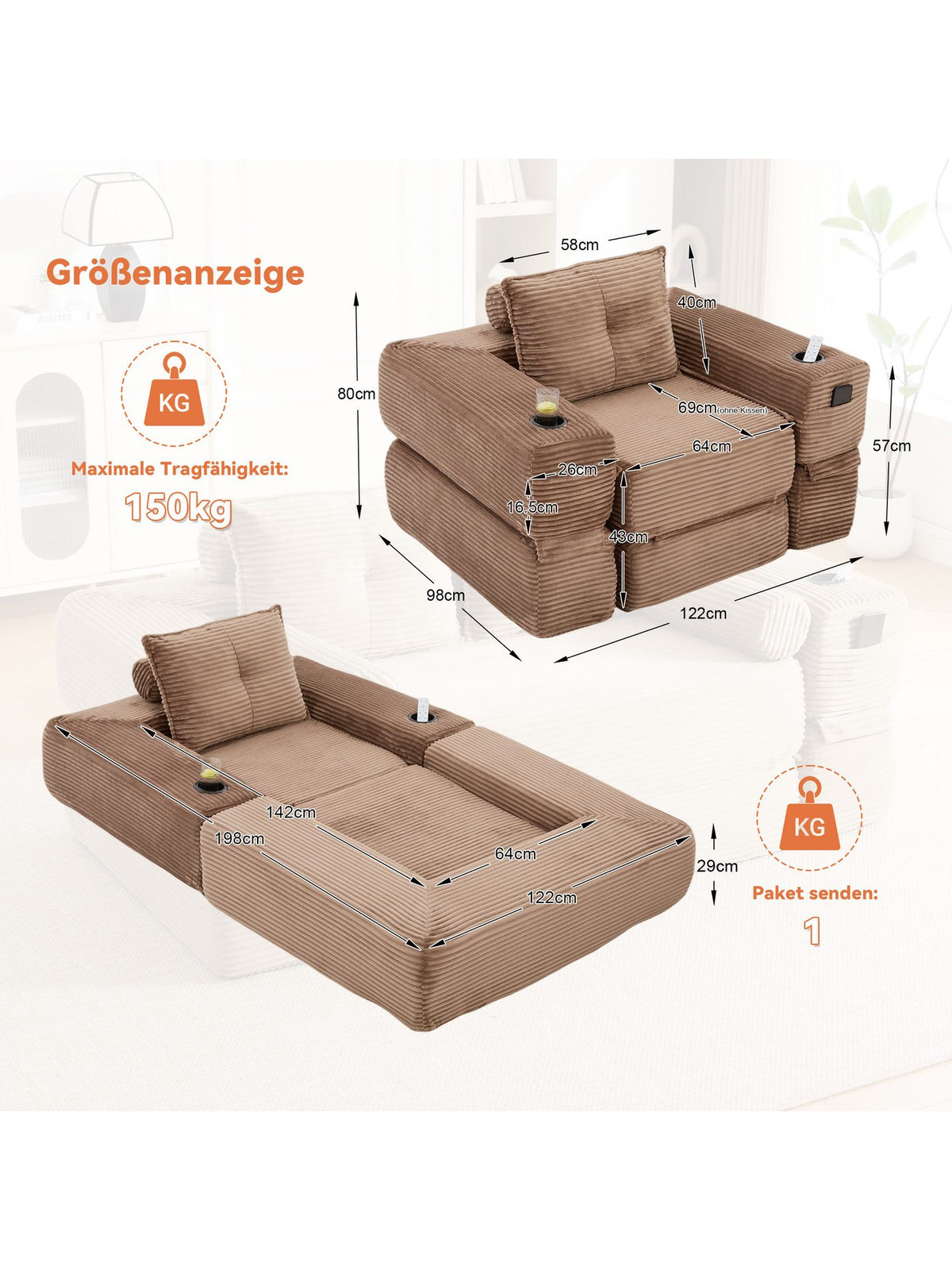 Seitenansicht des braunen Cord Klappsofas