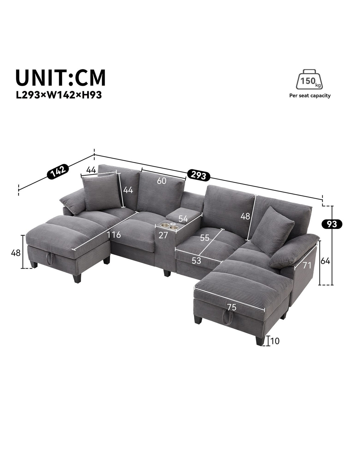 Cord Wohnlandschaft in U-Form in Grau von vorne