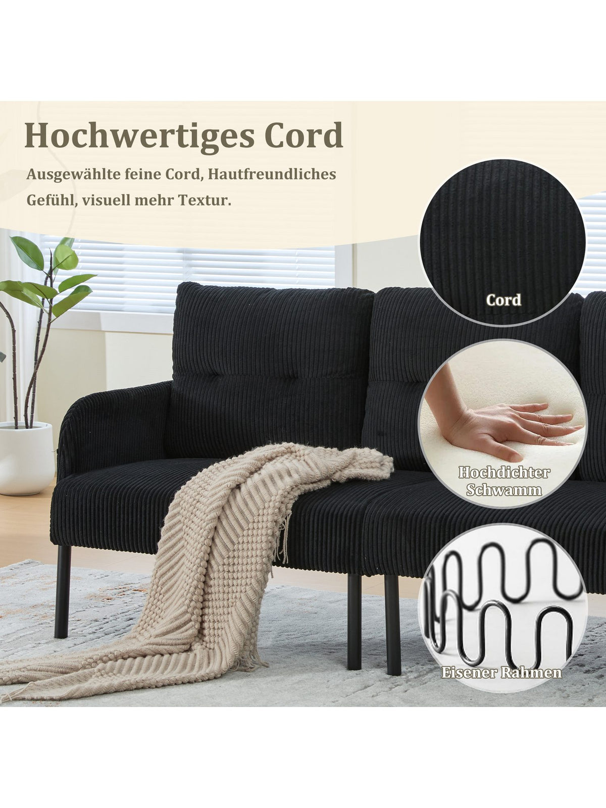 Cord Sofa ODIKALO in Schwarz im Wohnzimmer