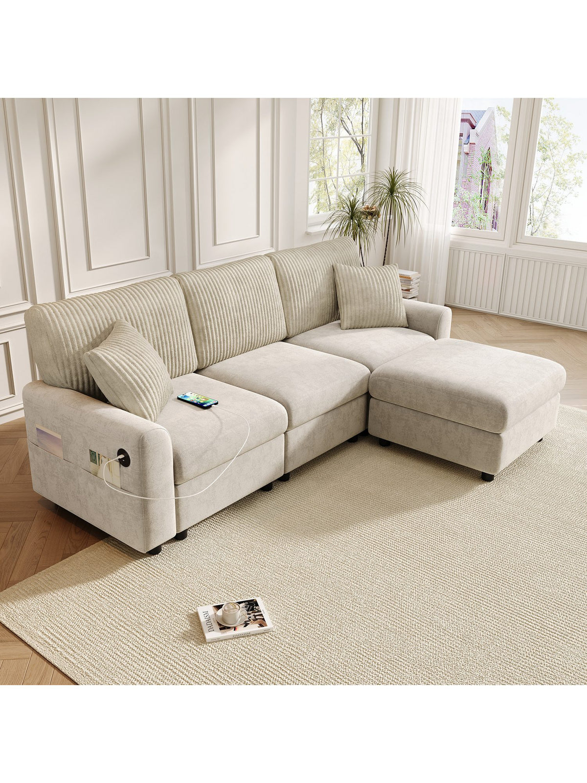 Der Fußhocker des Ecksofas FLIEKS in Beige