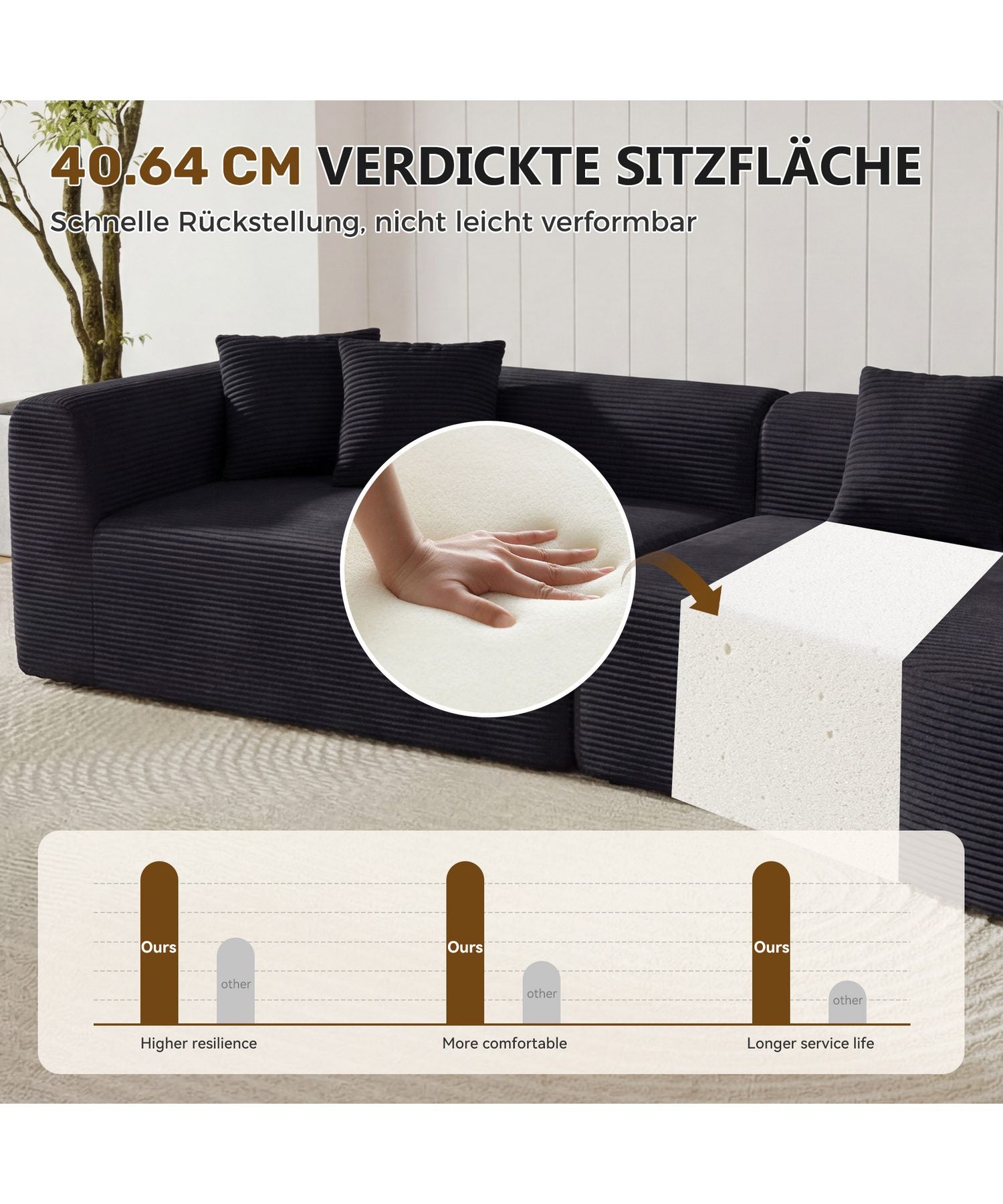 Chaiselongue des schwarzen Cord Ecksofas mit Zierkissen