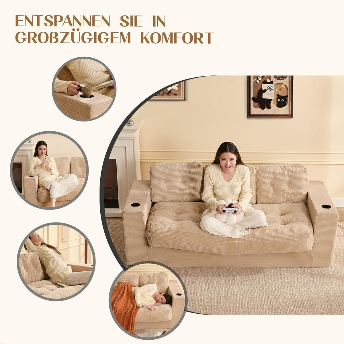 Cord Bodensofa mit Rückenlehne von der Seite