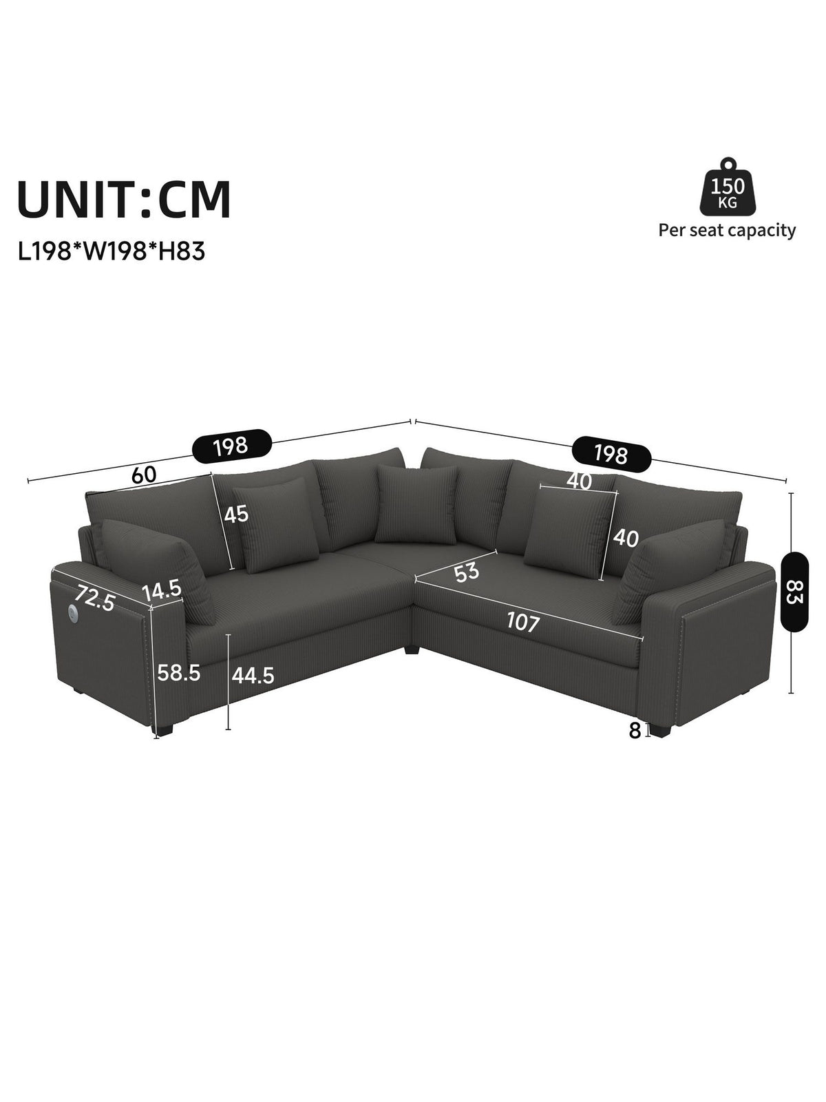 USB- und USB-C-Ladeanschluss am Cord Ecksofa