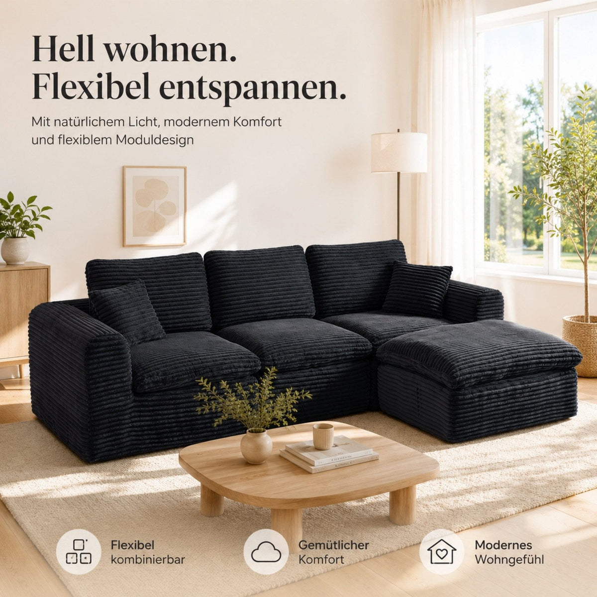 Modulares Cord Ecksofa ANYSUN in Schwarz und Blau