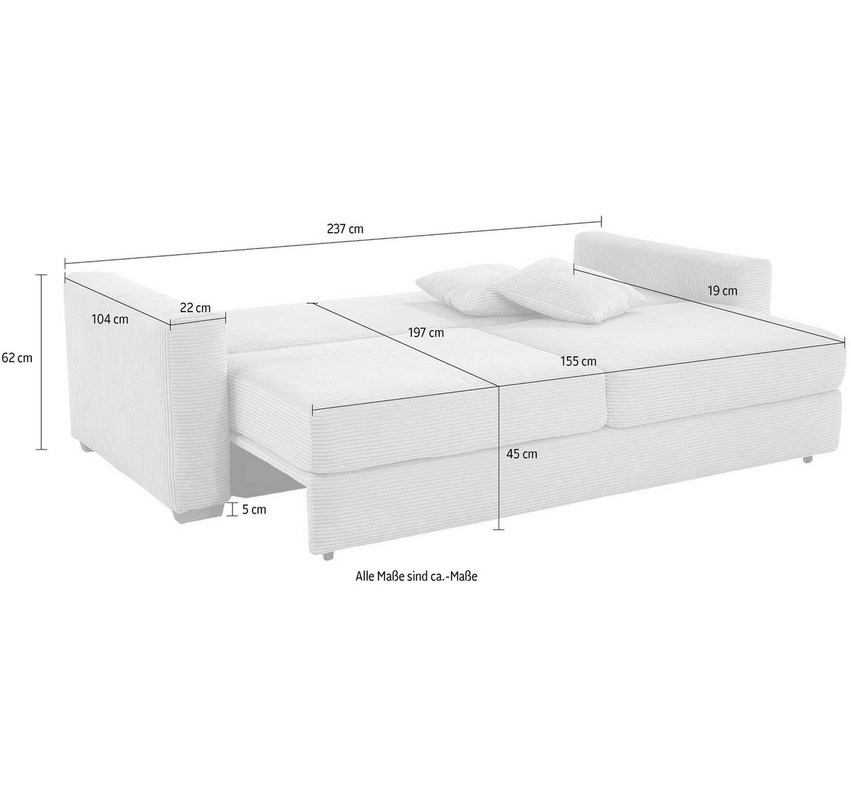 Cord Schlafsofa MICHA mit ausgeklappter Liegefläche
