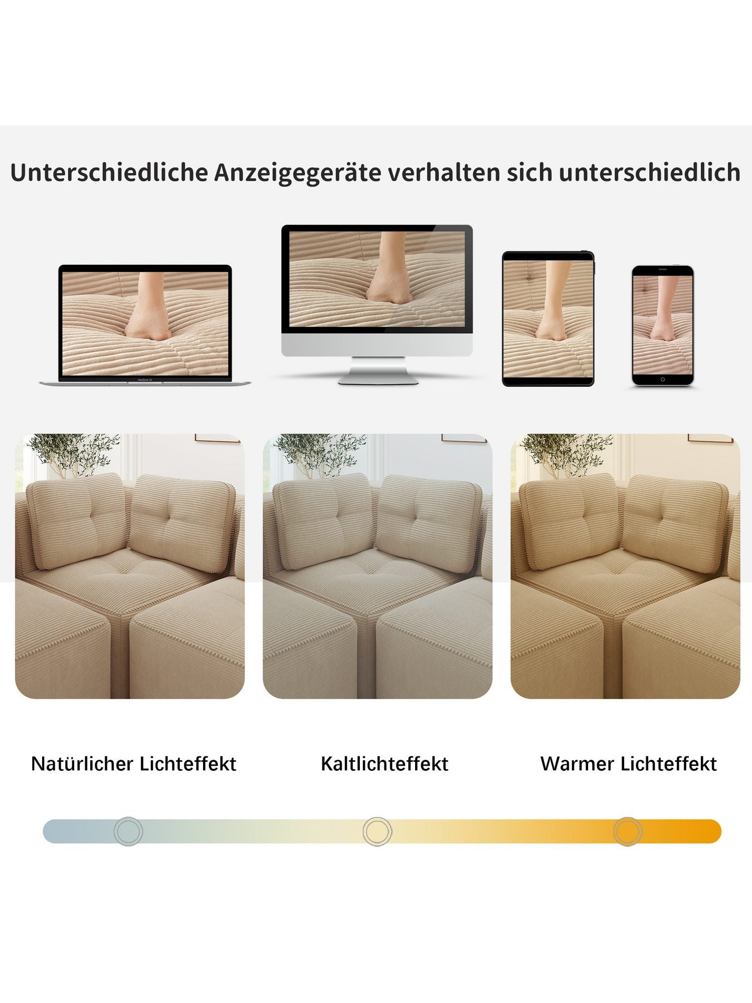 Breite Armlehne des Cord Ecksofas im Detail
