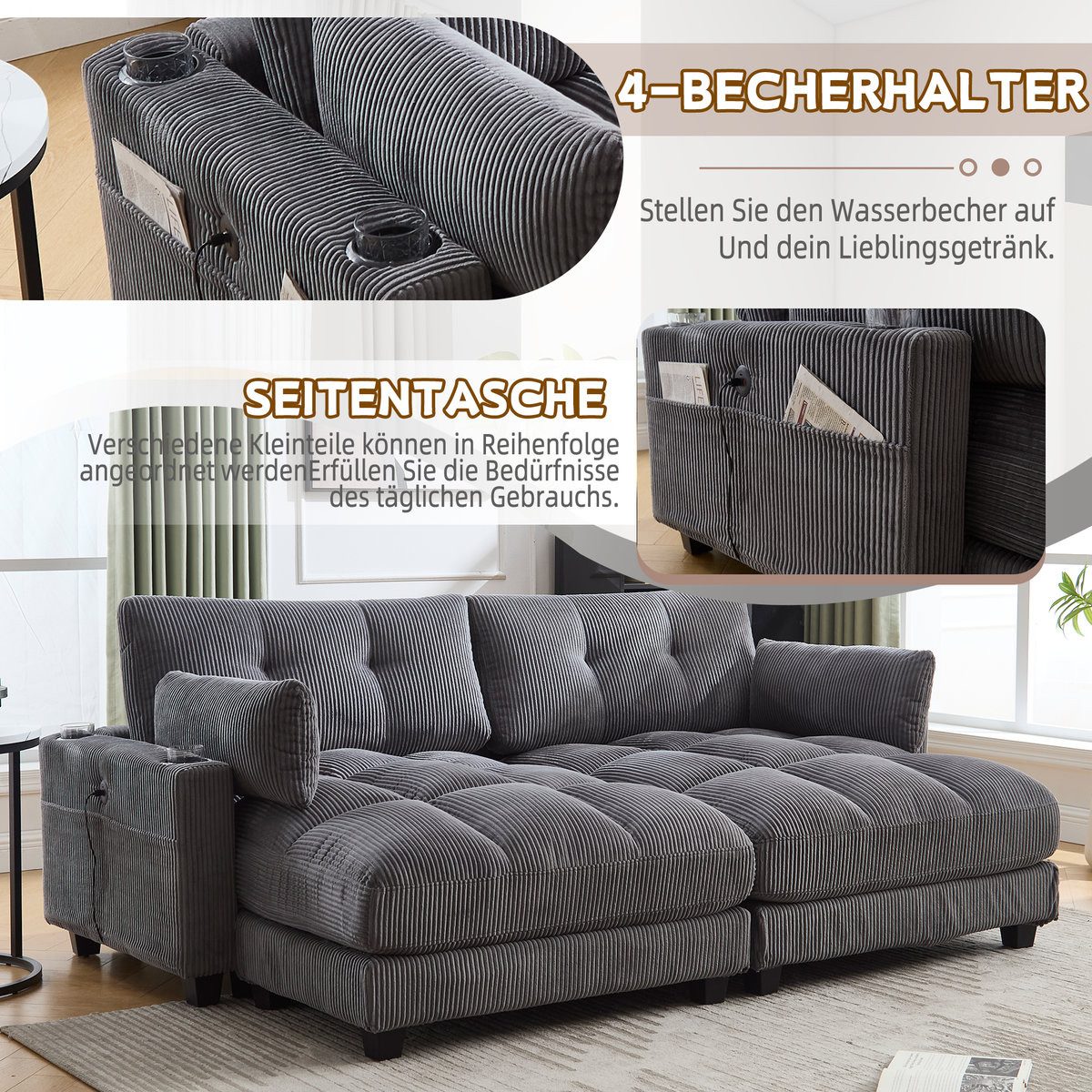 Seitentasche des Cord Sofas in Grau