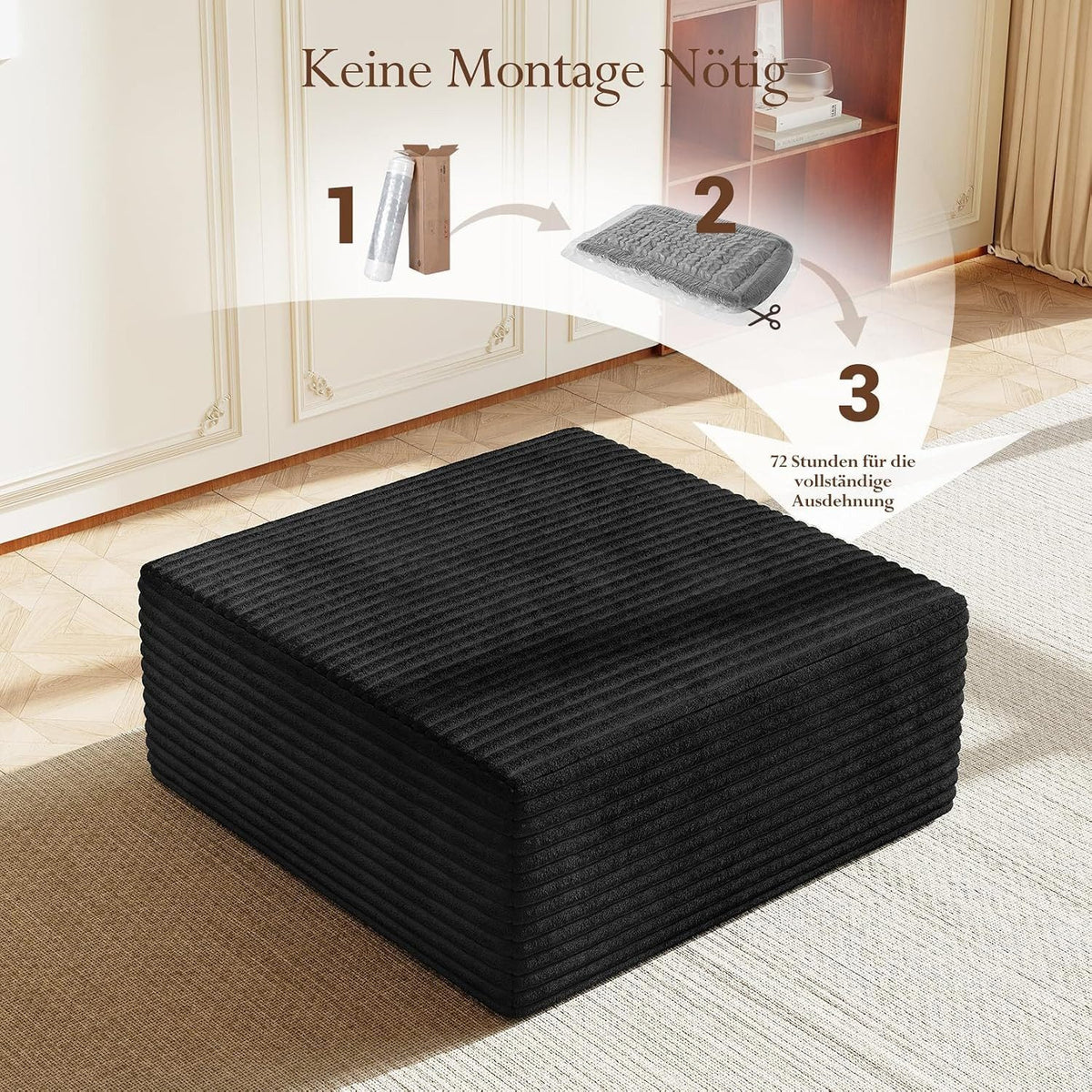 Schwarzes Cord Ecksofa im Wohnzimmer aufgestellt