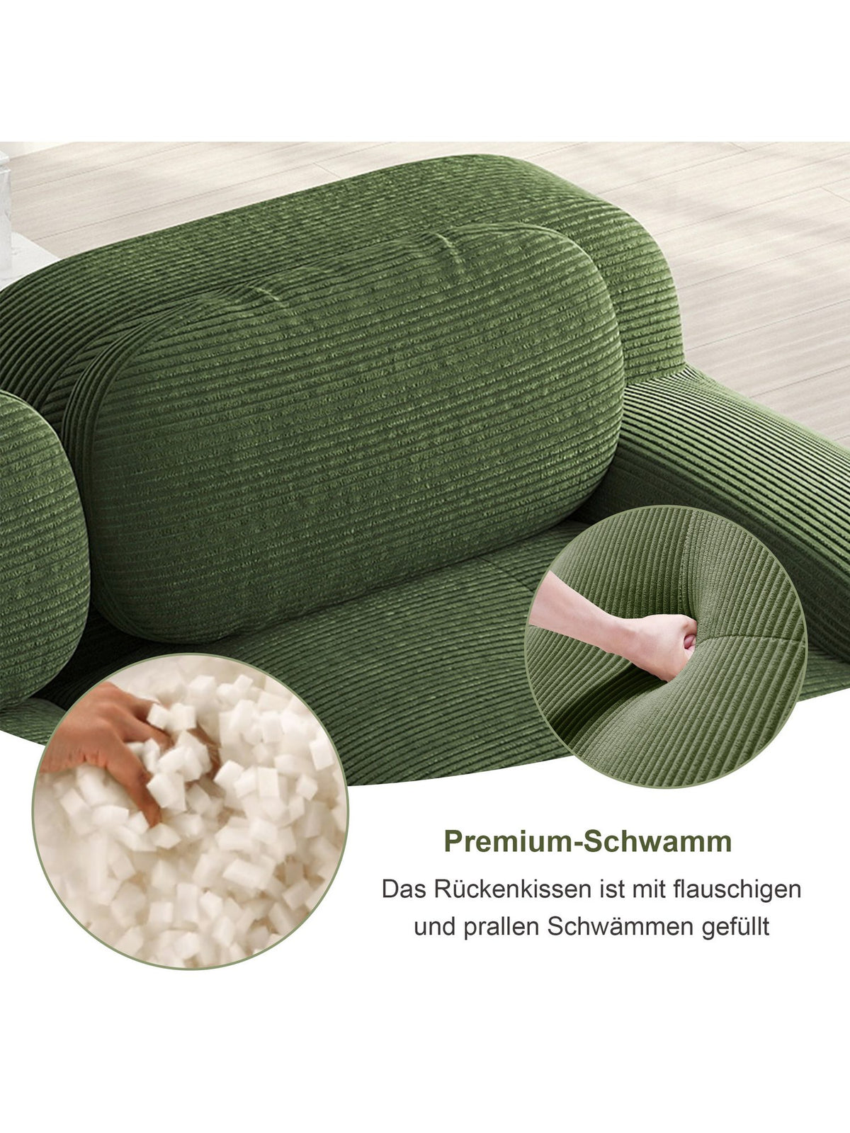Geschwungene Armlehne des modularen Cord Sofas
