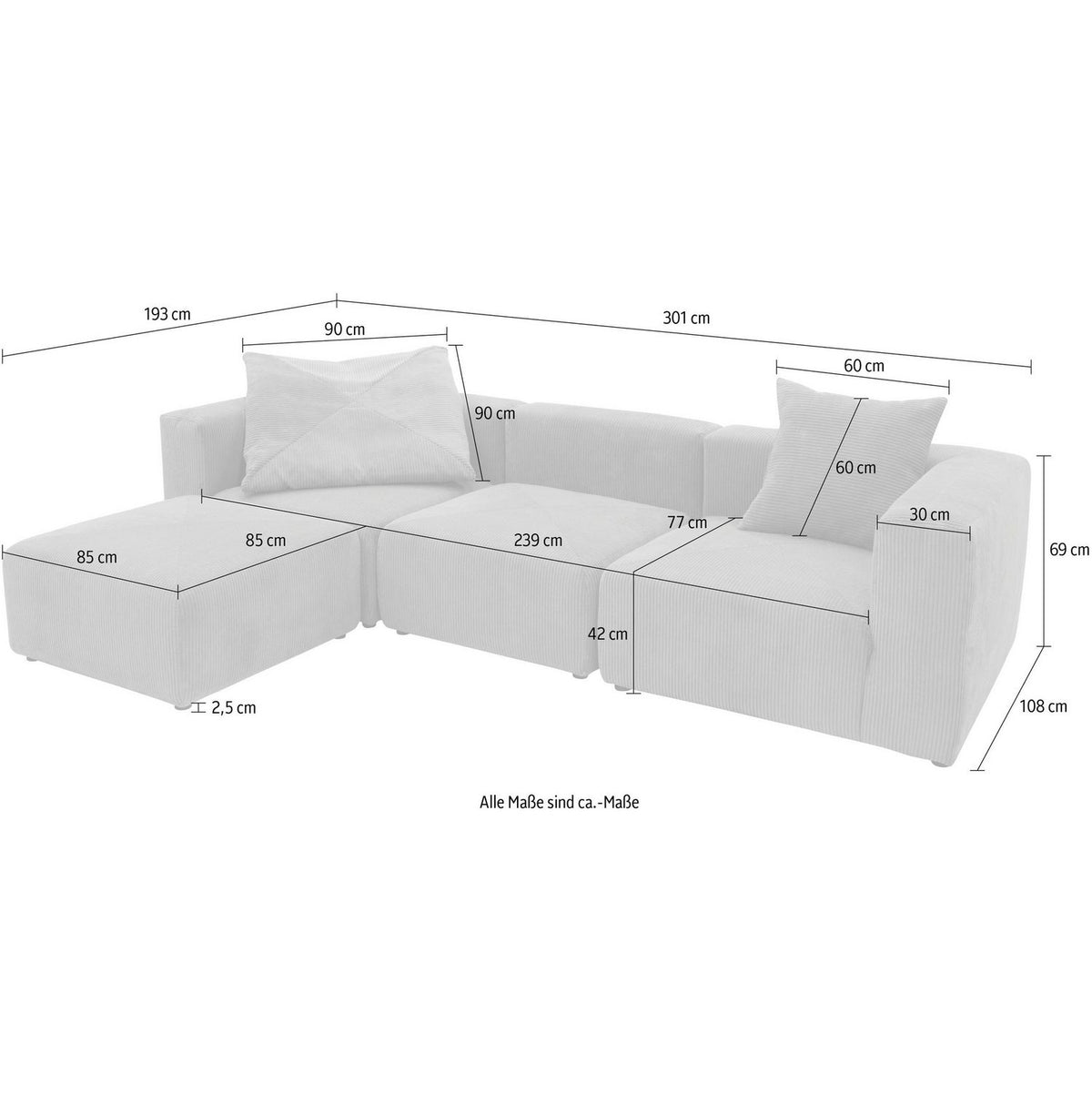 Cord Ecksofa GERRID Rückansicht in Creme