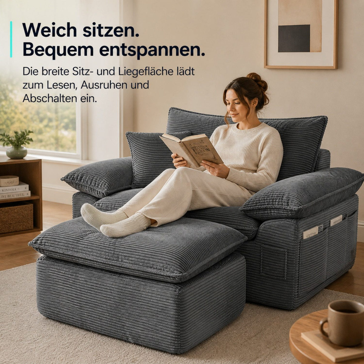 Detailansicht der Aufbewahrungstasche am Cord Sofa