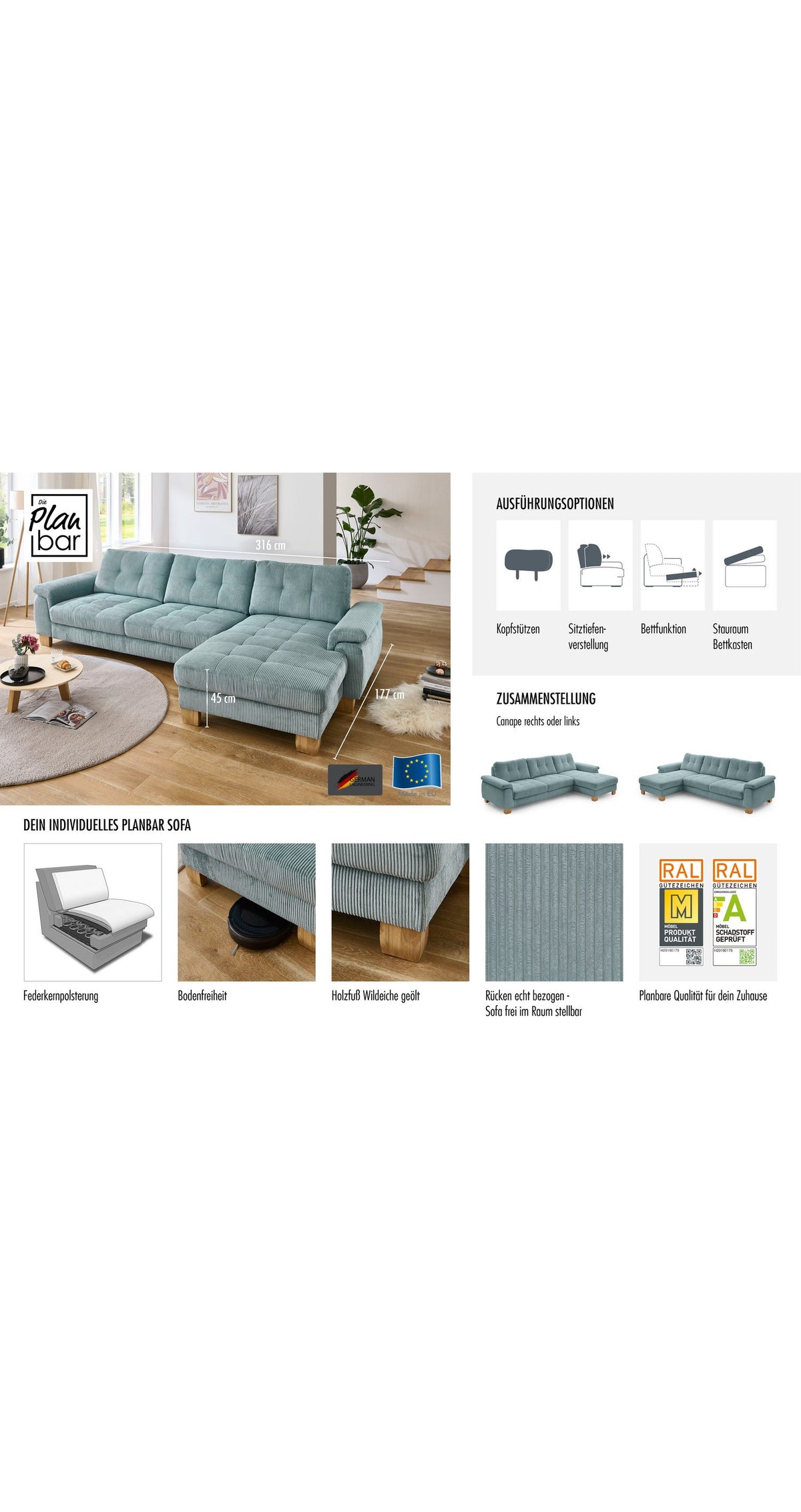 Cord Ecksofa PP-LA19101 seitliche Ansicht mit Armlehne