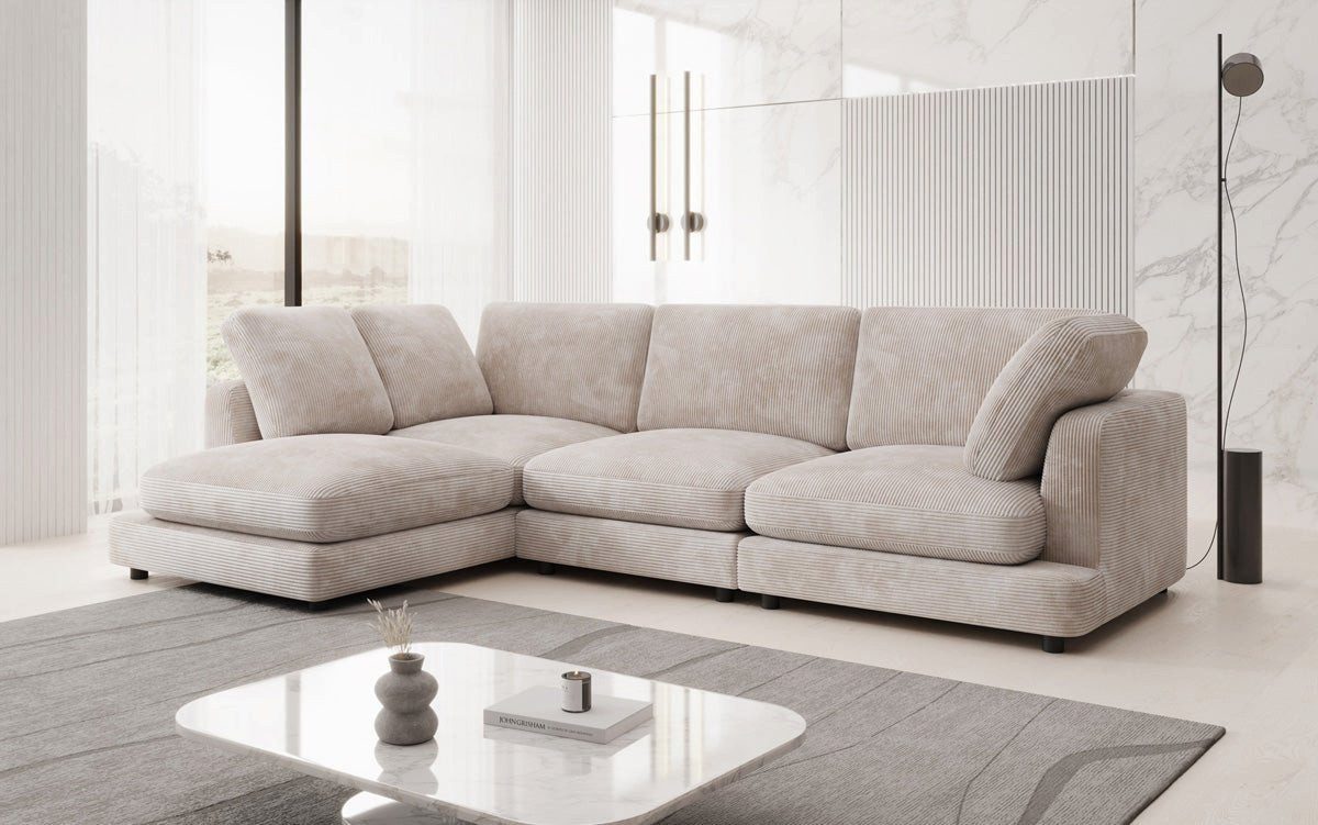 Nahaufnahme des weichen Cordbezugs in Beige