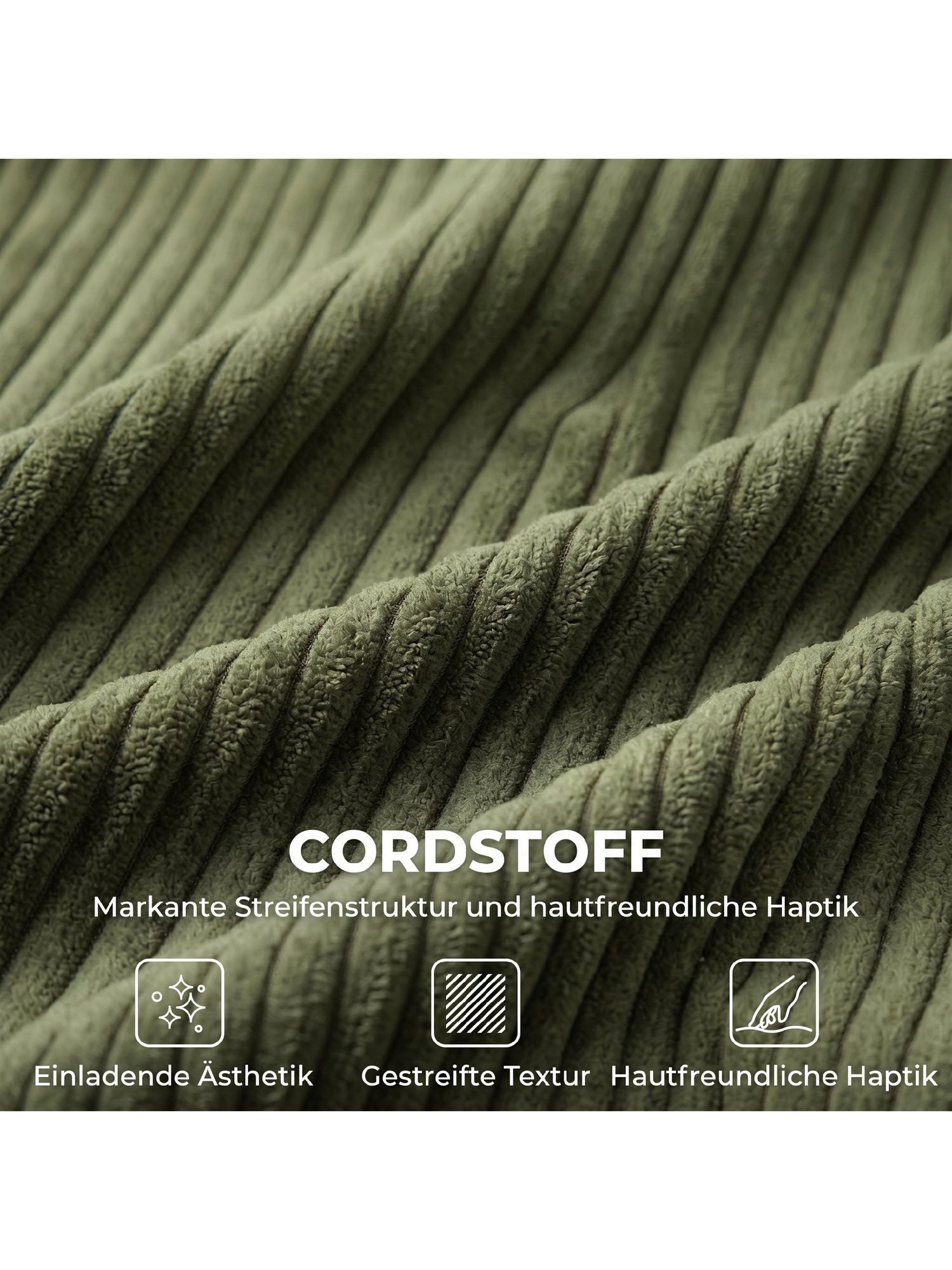 Breite Armlehne des grünen Cord Sofas im Detail