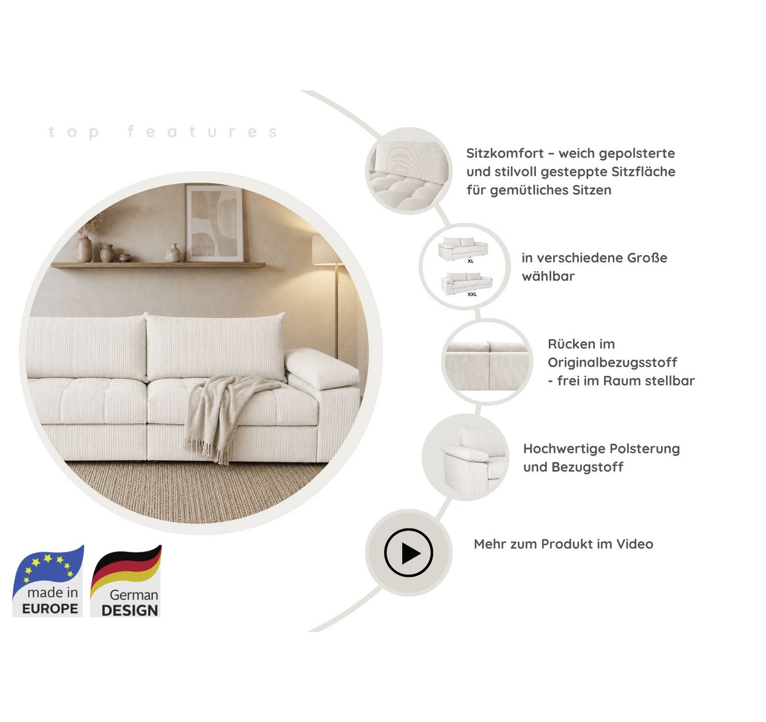 Detailansicht der Sitzsteppung im Cordbezug
