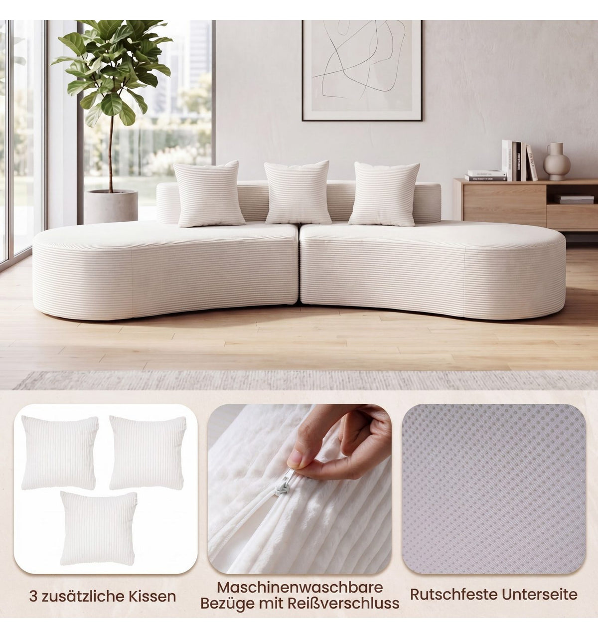 Sitzfläche des Cord Ecksofas in Beige
