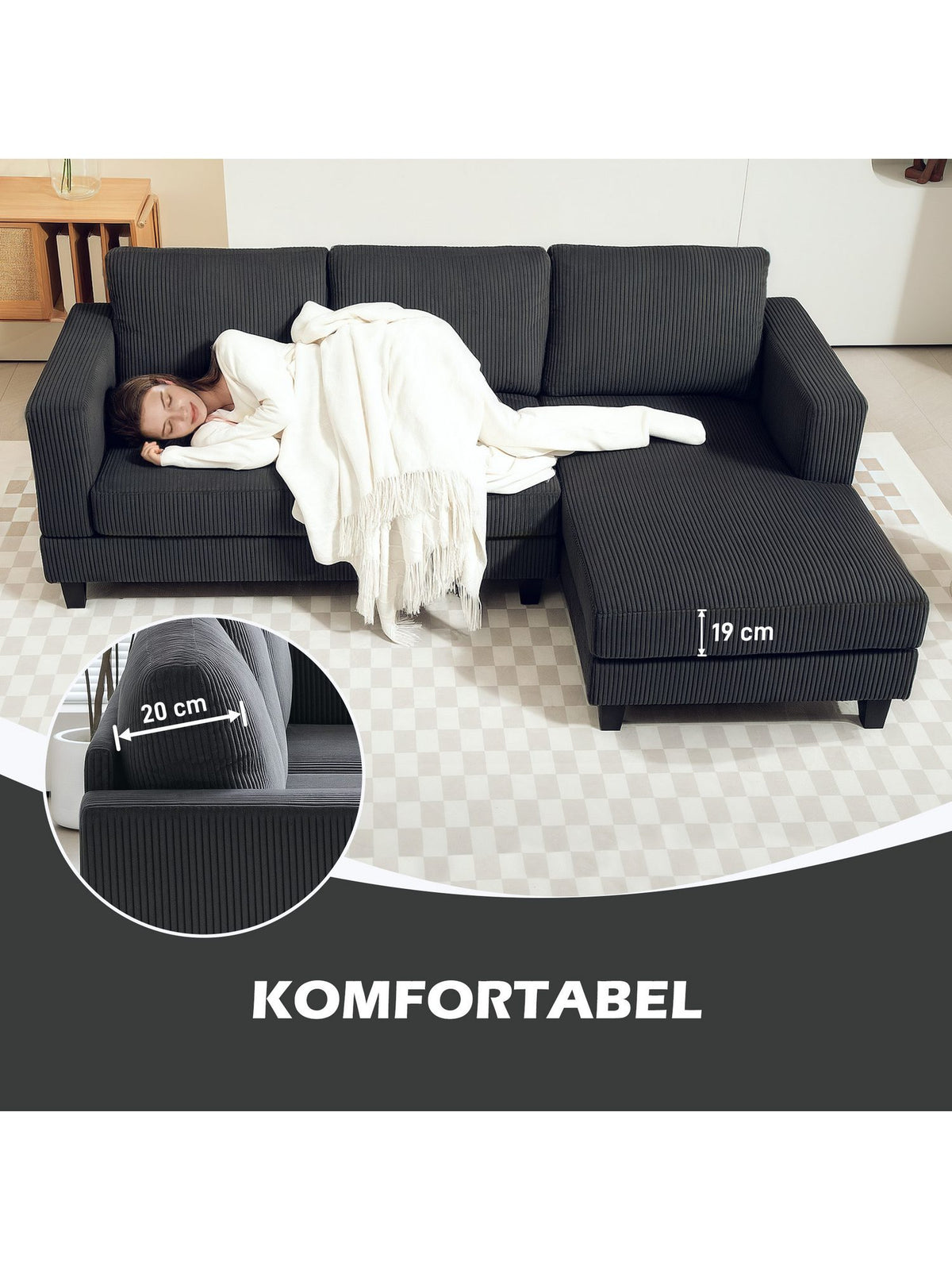 Cord Ecksofa 214 cm in der Draufsicht