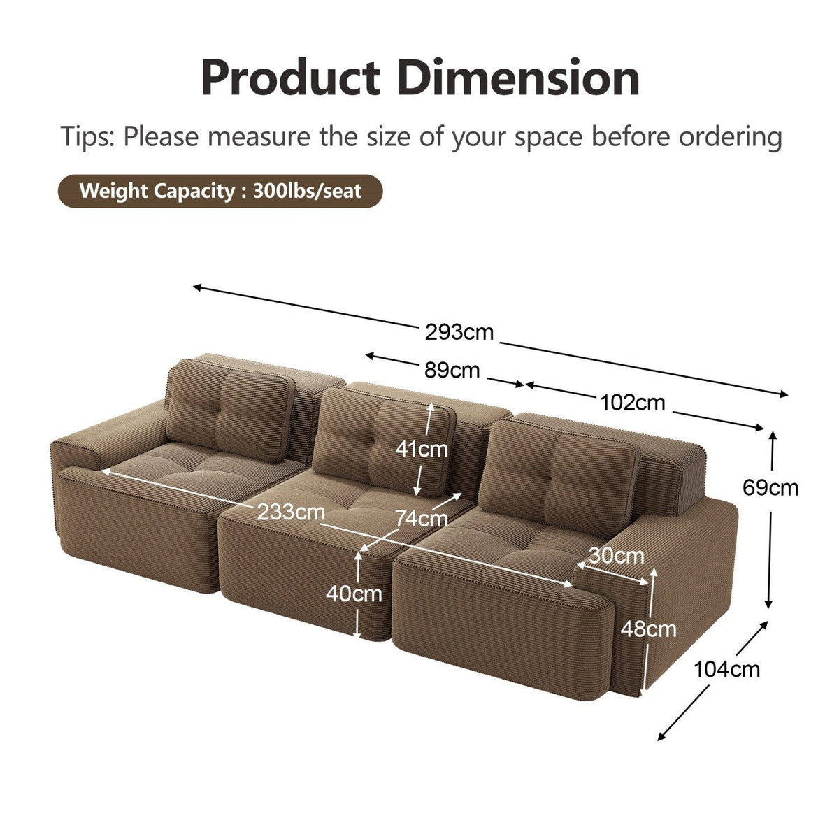 Cord Modulsofa mit 74 cm tiefer Sitzflaeche