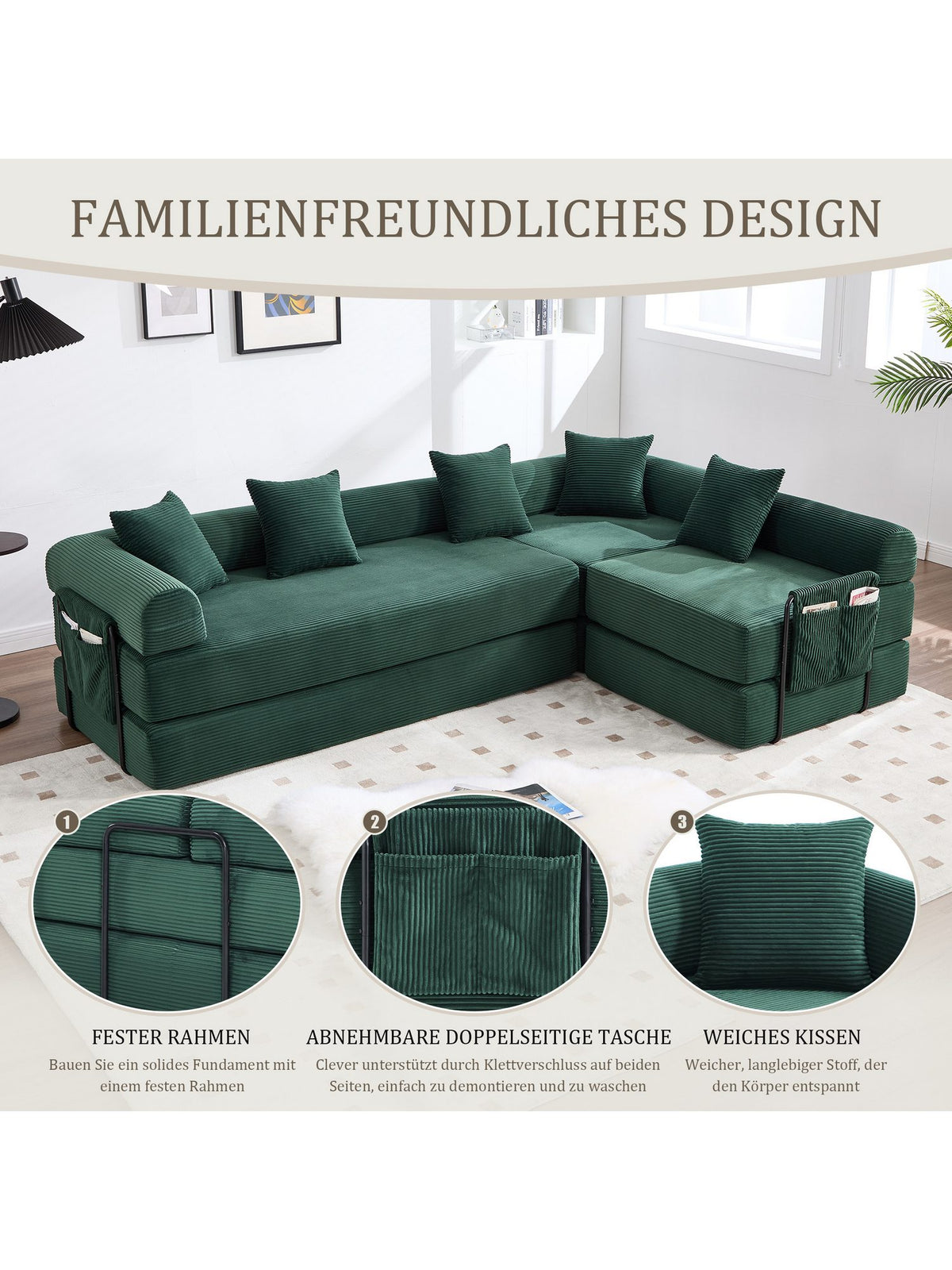 Modul des Cord Sofas zur Schlaffläche entfaltet