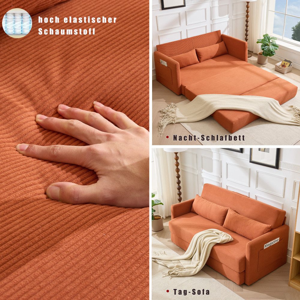 Cord Schlafsofa BBWL in Orange in Liegeposition