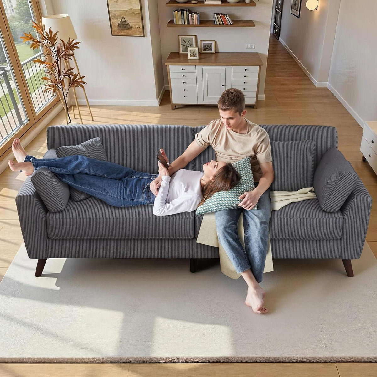 Big Sofa Cord Grau Sitzfläche mit Federkern-Sitzkissen