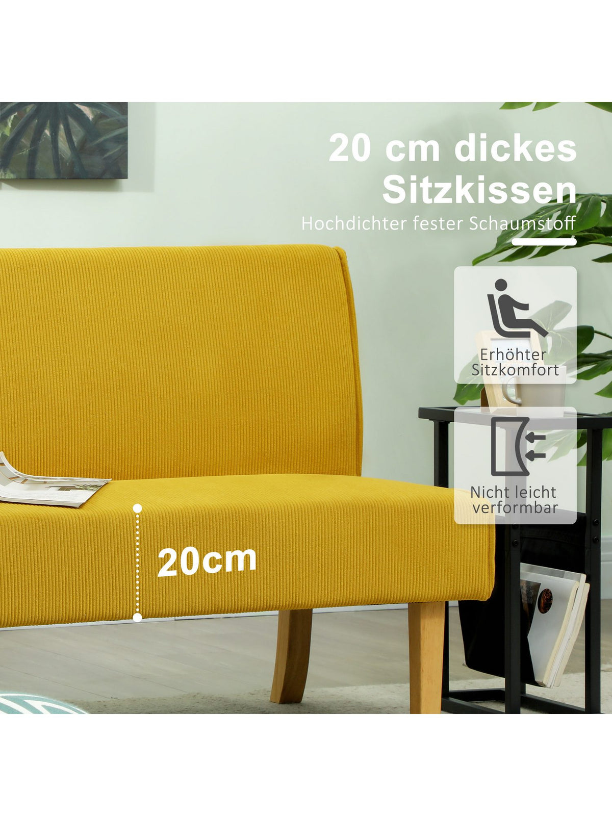 Cord Sofa HOMCOM in Gelb im Wohnraum aufgestellt