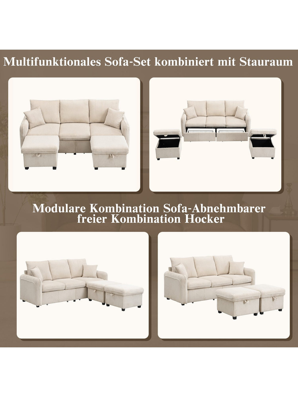 Beiges Cord Ecksofa mit Zierkissen im Wohnzimmer