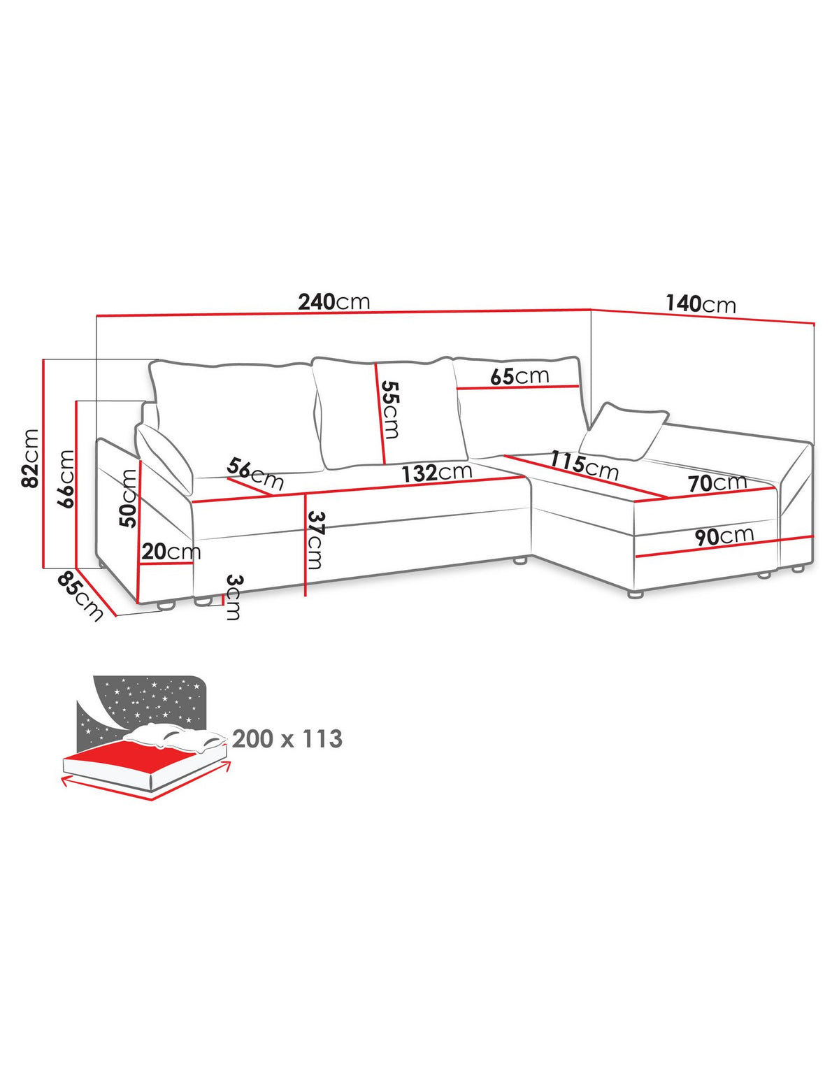 Geöffneter Bettkasten des Cord Ecksofas