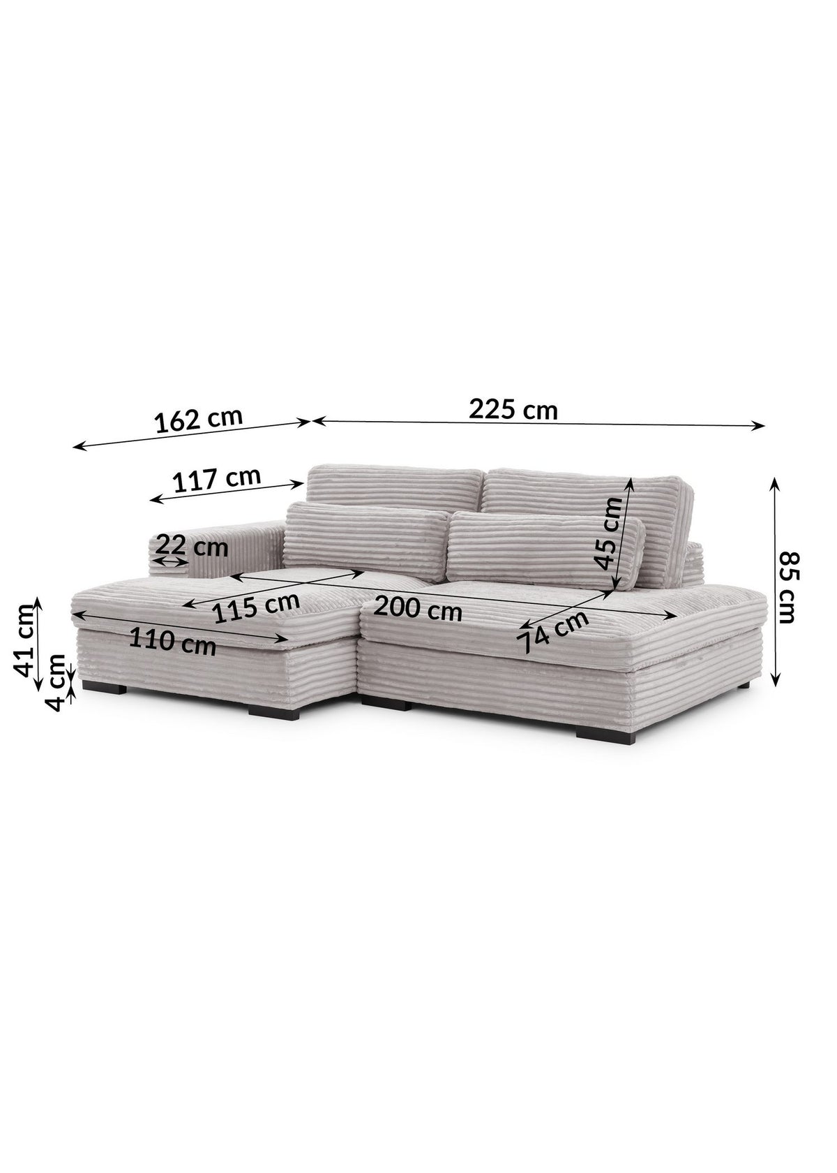 Cord Ecksofa WOLKE mit ausgeklappter Liegeflaeche