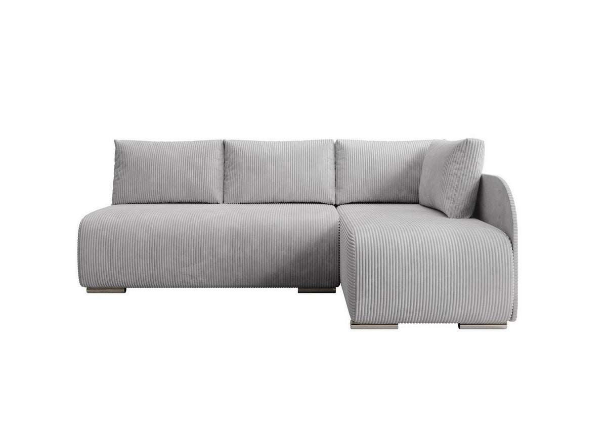Cord Ecksofa in Hellgrau mit ausgeklappter Liegeflaeche