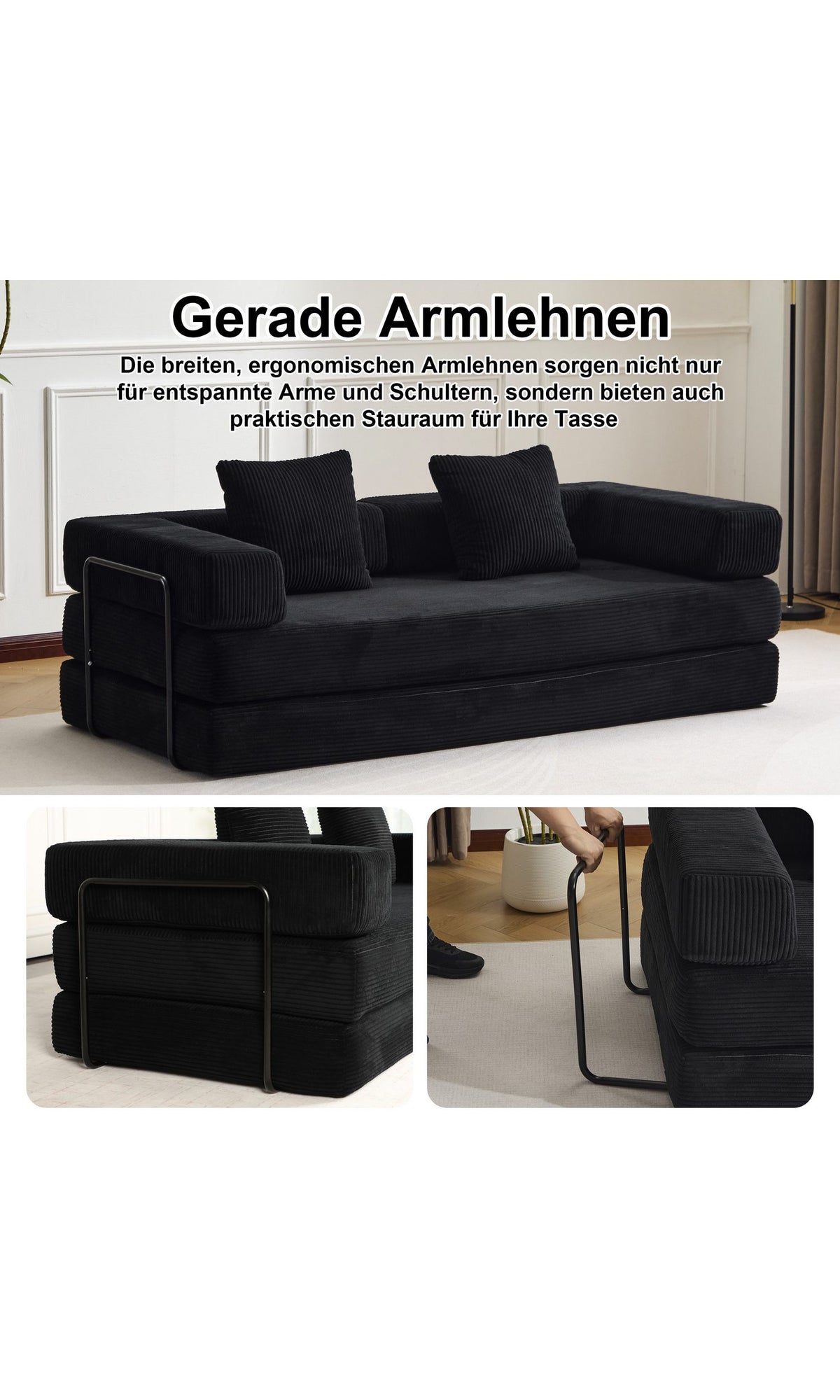 Schwarzes Cord Schlafsofa LEAWIN von vorne