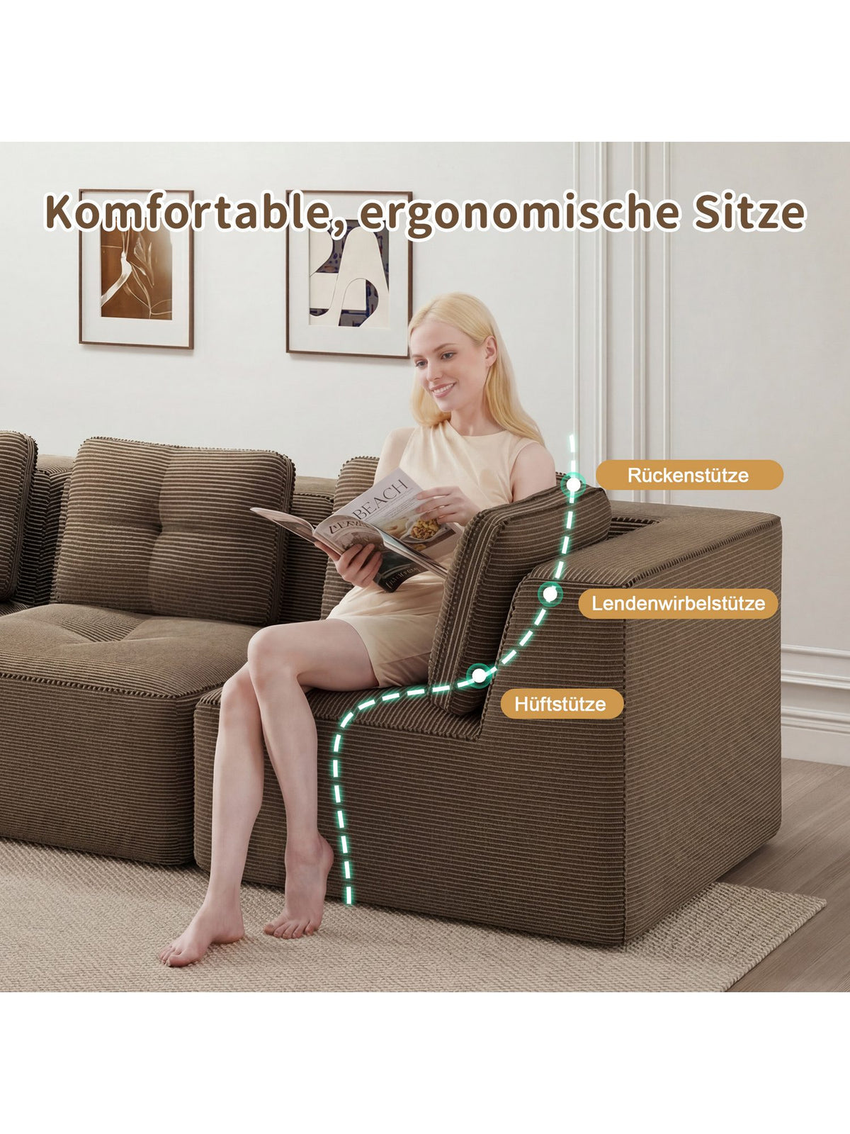 Cord Ecksofa in Braun mit Ottomane im Wohnraum