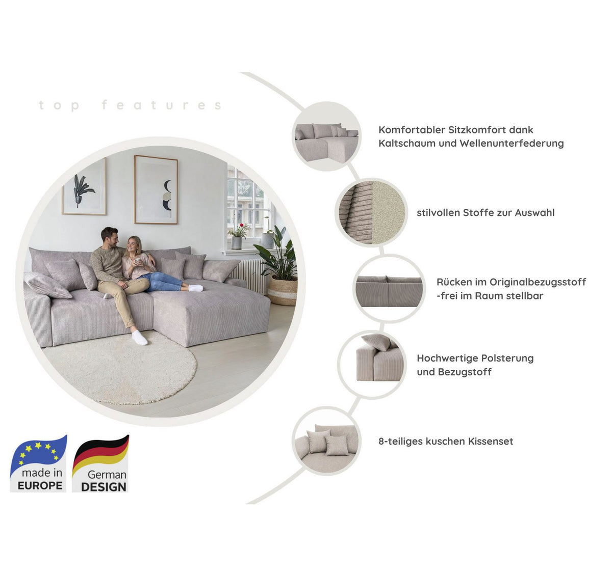 Recamiere des Cord Ecksofas AMICI von vorne