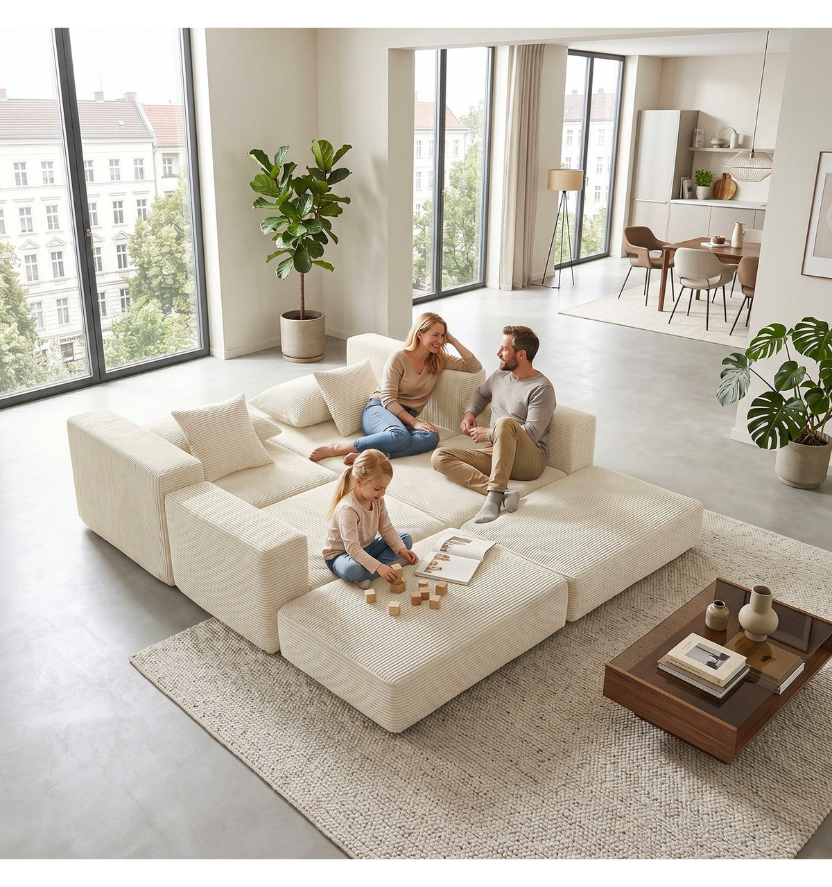 Modulares Cord Schlafsofa in Weiß Gesamtansicht