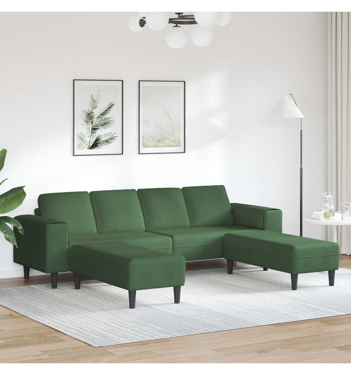 Dunkelgrünes Cord Sofa in U-Form von vorne