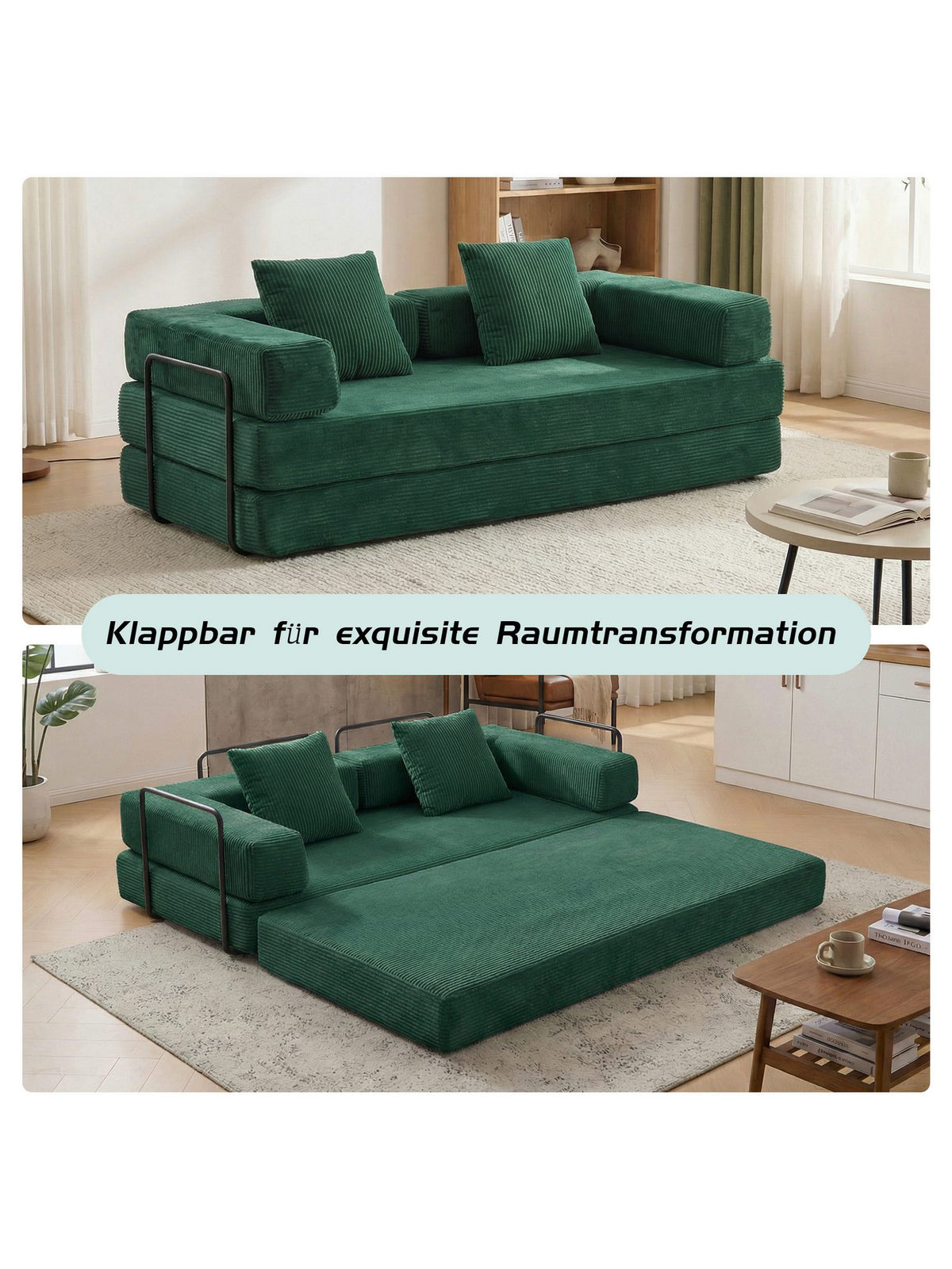 Seitenansicht des dunkelgrünen Cord Schlafsofas