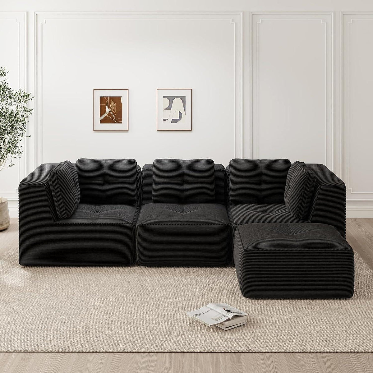 Cord Ecksofa Schwarz mit tiefer Sitzfläche und breiten Armlehnen