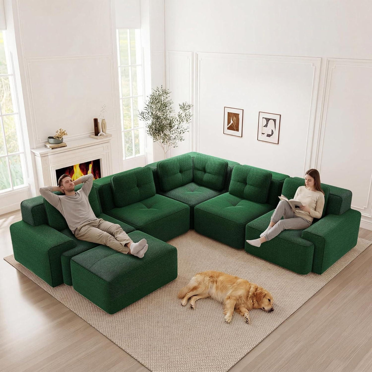 Grünes modulares Cord Ecksofa von der Seite