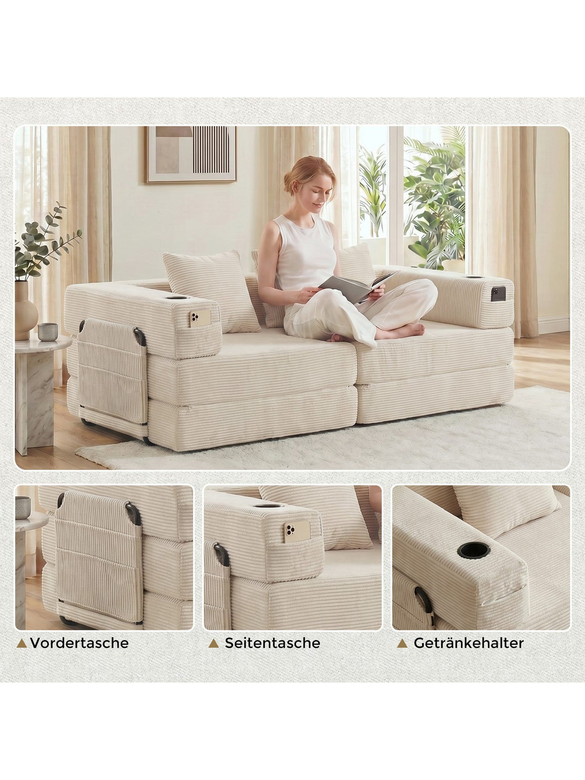 Cord Schlafsofa M3-V2 in Weiß im Wohnzimmer