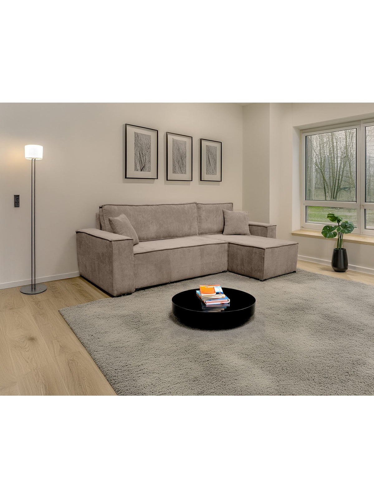 Cord Ecksofa COMO in Beige von vorne im Wohnzimmer