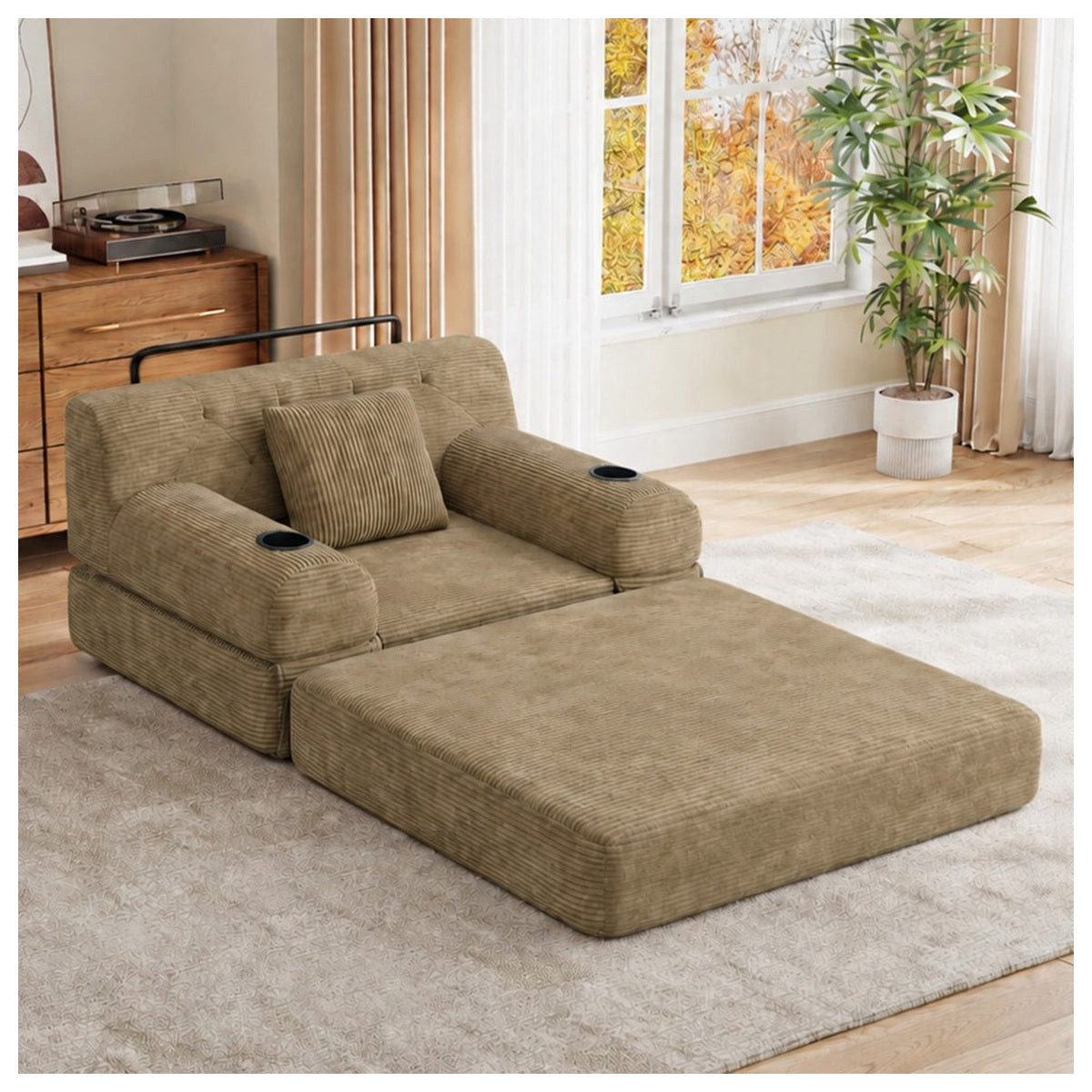 Schlafsofa aus Cord mit ausgeklappter Liegefläche