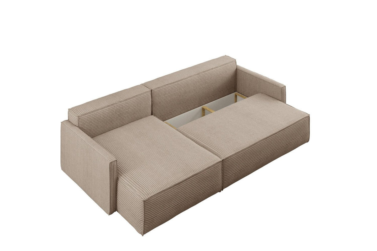 Geoeffneter Bettkasten des Cord Ecksofas CARLOS