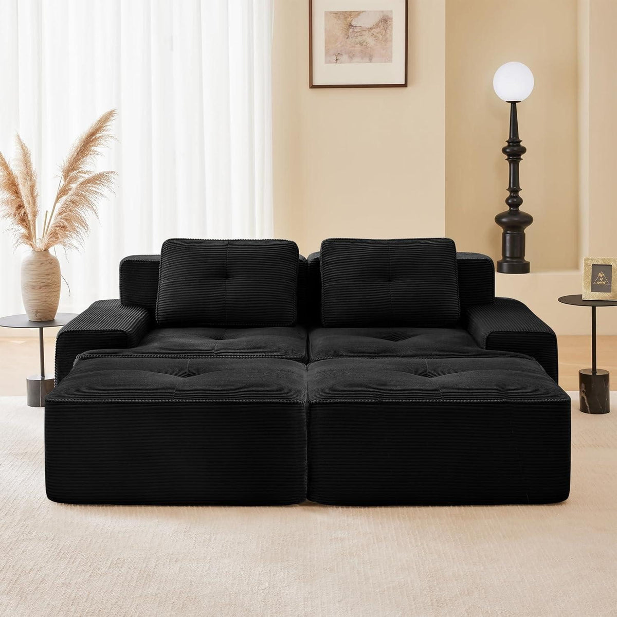 Schwarzes Cord Ecksofa mit zwei Hockern