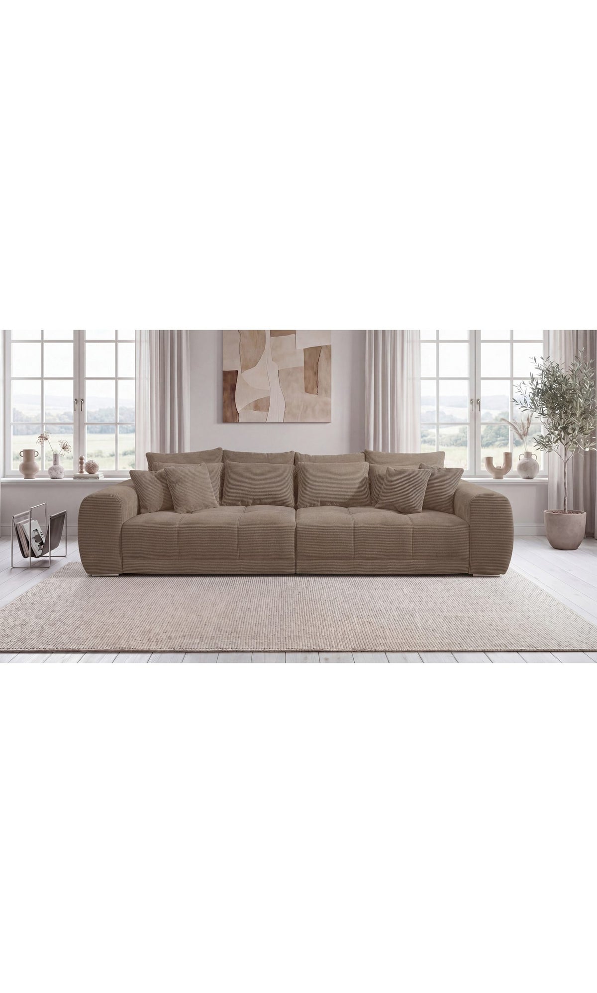 Braun taupefarbenes Big Sofa aus Cord im Wohnzimmer