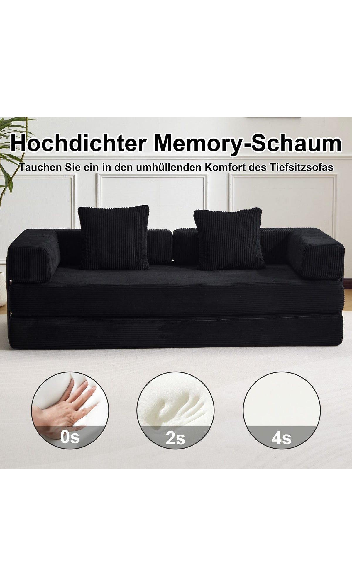 Cord Bodensofa LEAWIN in Schwarz im Wohnzimmer